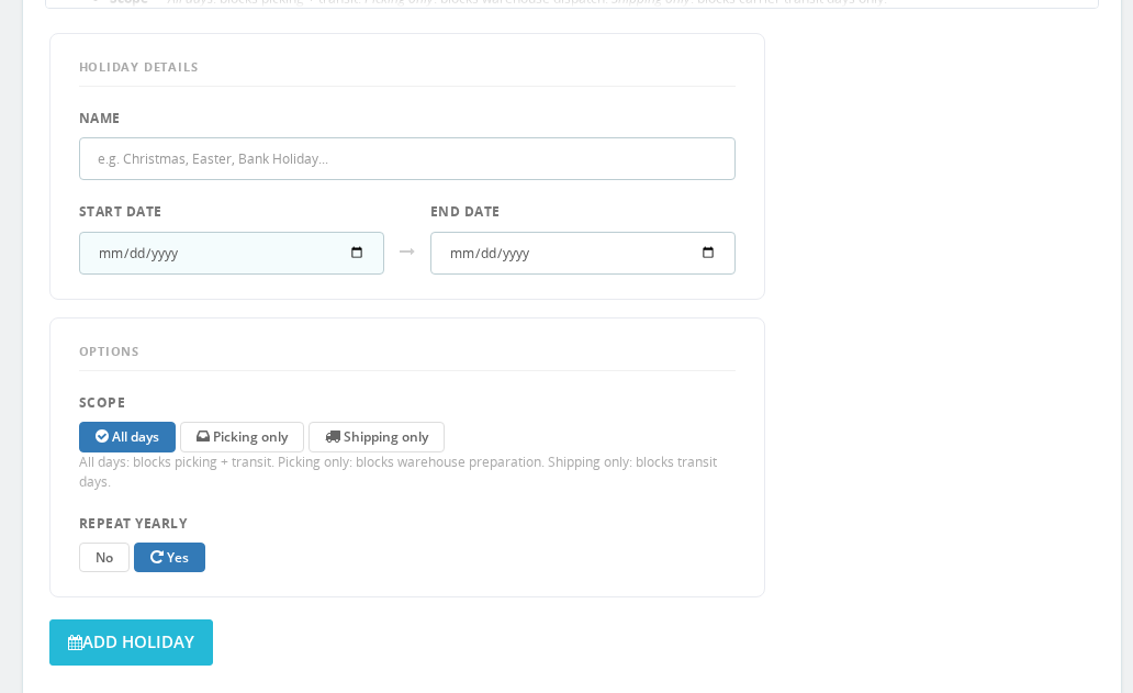 Estimated Delivery — Advanced Holidays configuration with carrier and zone filters