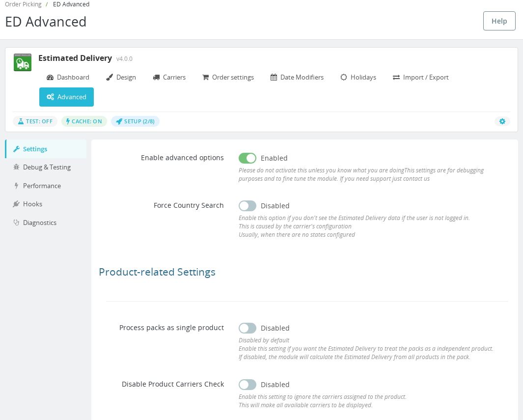 Estimated Delivery Advanced — Settings tab with Enable Advanced Options toggle and Product-related Settings