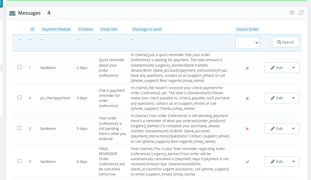 Wire Transfer Reminder configuration page — Reminder Messages, Global Configuration, Test Mode, Email Template, and Cron Job sections