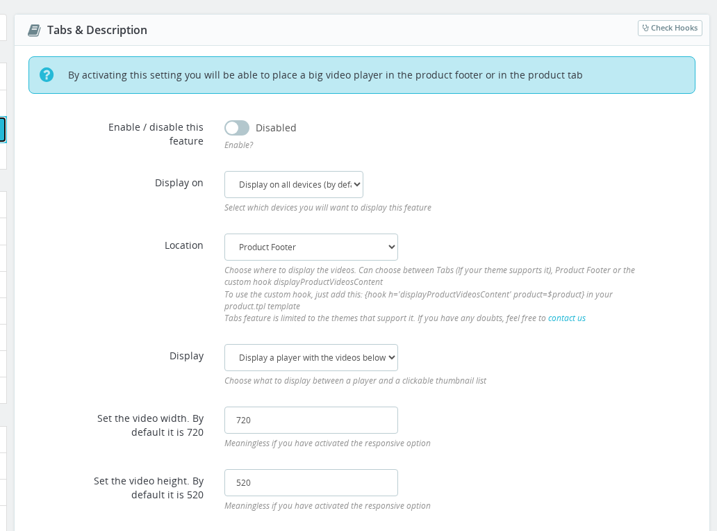 Tabs & Description configuration panel in the Product Video Back Office