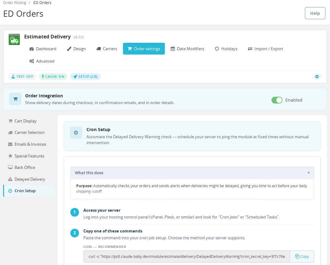 Cron Setup settings