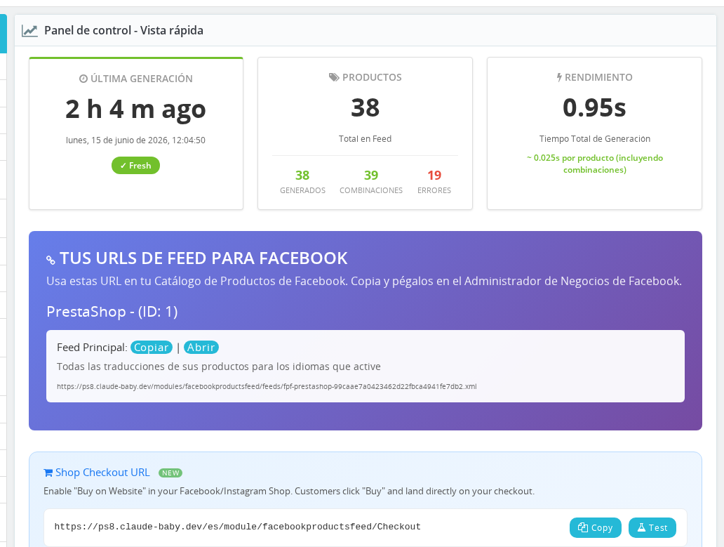 Dashboard – Fast View panel showing the three status cards and feed URLs