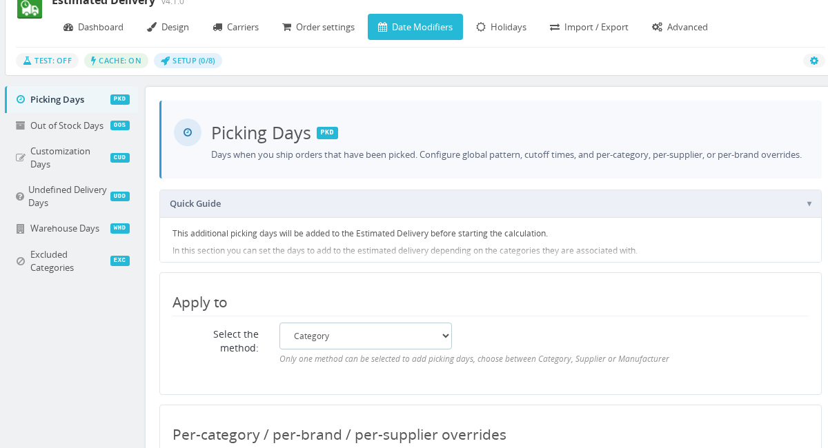 Date Modifiers tab showing Picking Days, Out of Stock Days, Customization Days, and other modifier sections