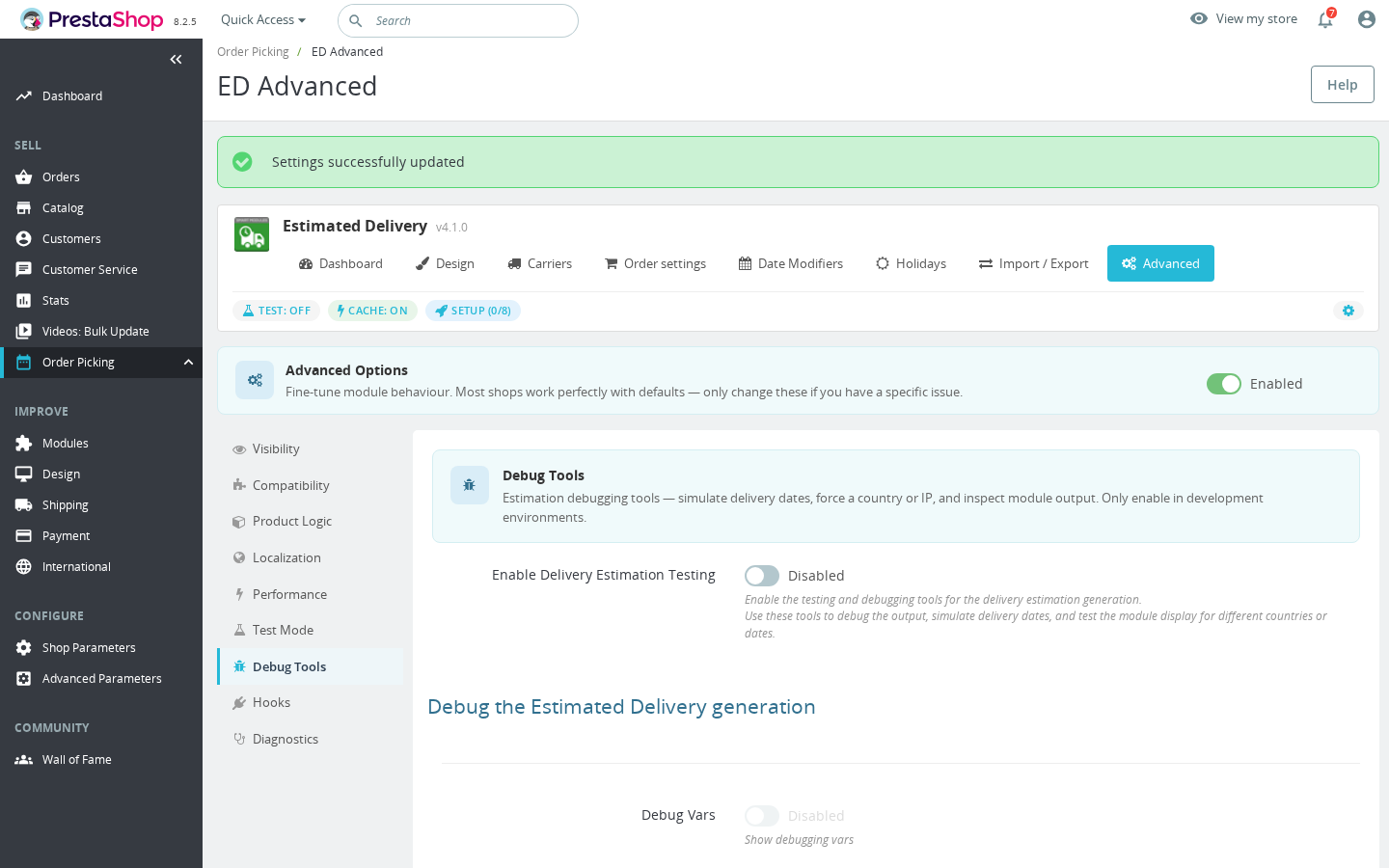 Estimated Delivery Advanced — Debug Tools panel with Enable Delivery Estimation Testing toggle and Debug Vars fields