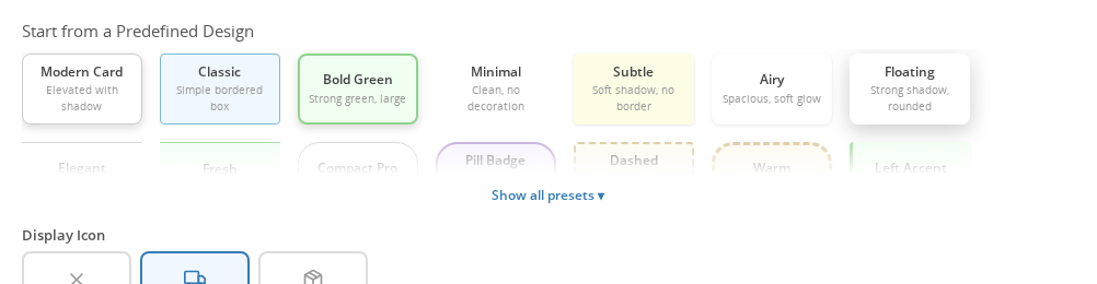 Design presets — one-click visual templates in the Appearance section