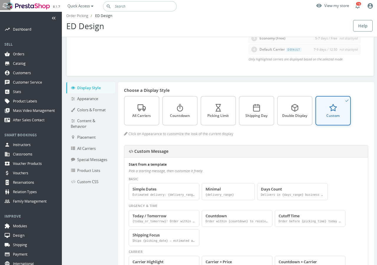The Display Style selector with Custom selected, showing the Custom Message editor and template gallery below