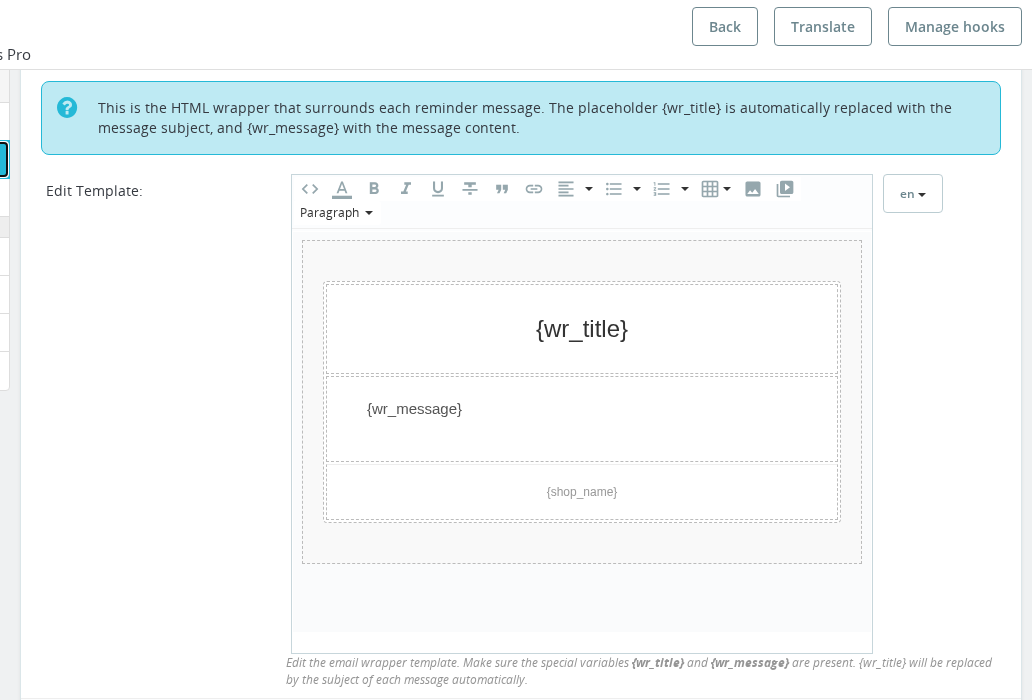 Wire Transfer Reminder — Email Templates configuration with HTML wrapper editor