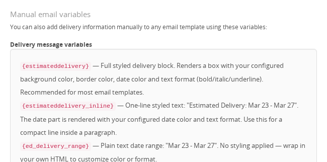 Email template variables reference — delivery message variables and email tracking section