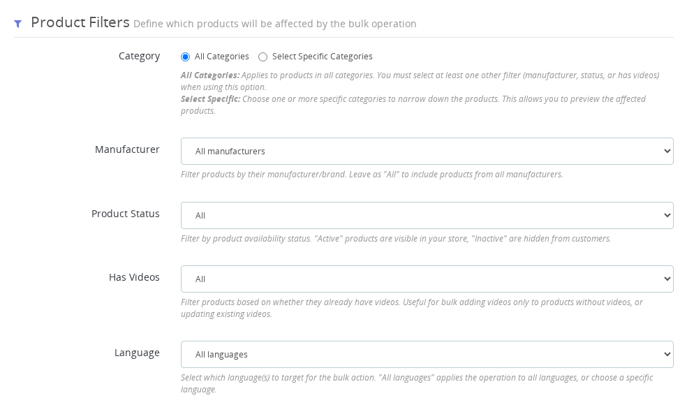 Product Video — Mass Video Management filter panel for targeting products by category and manufacturer