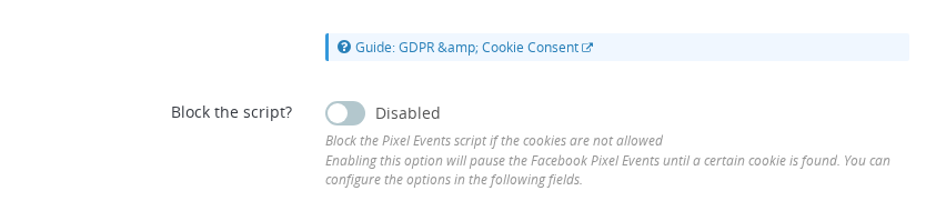 GDPR & Cookies consent panel — Block the script toggle and cookie consent configuration options