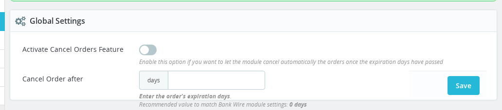 Wire Transfer Reminder — Global Settings panel showing the Activate Cancel Orders Feature toggle and Cancel Order after field