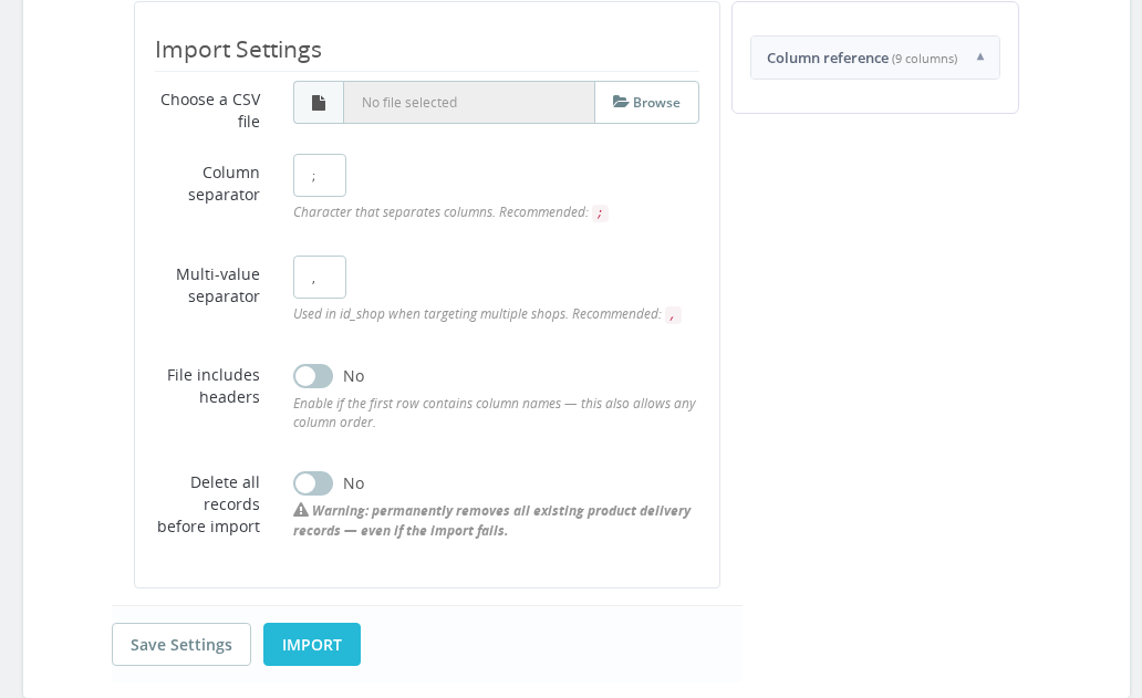 Estimated Delivery — Import, Export & Backup tab with CSV and JSON tools