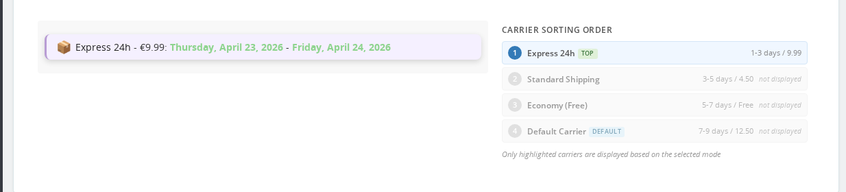 The Live Preview panel — widget preview and carrier sorting order