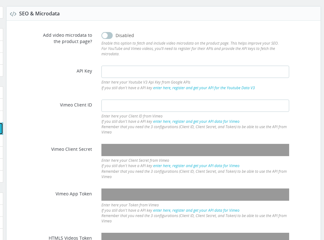 SEO & Microdata configuration panel showing the enable toggle, YouTube API key field, Vimeo credentials, and debug option
