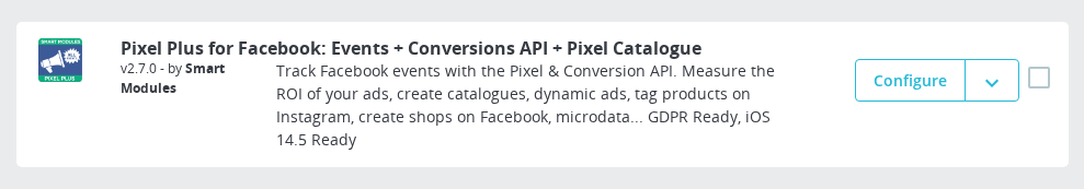 Pixel Plus module card in PrestaShop Module Manager — title, description, and Configure button