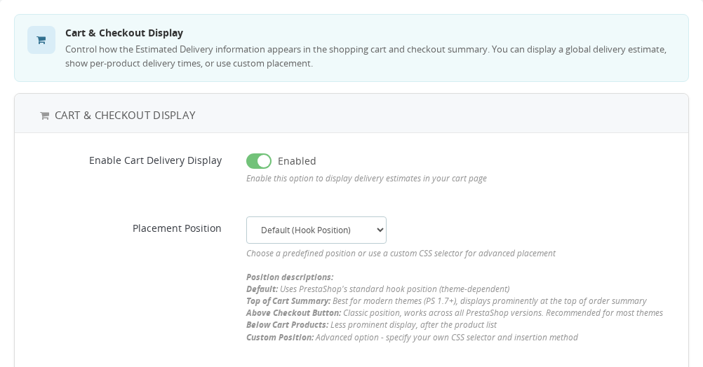 Order settings — Cart & Checkout Display configuration with placement position options