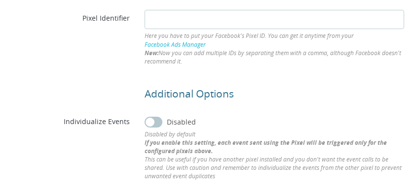 Pixel Plus — Pixel Identifier field and Individualize Events toggle in the Facebook Pixel ID configuration section