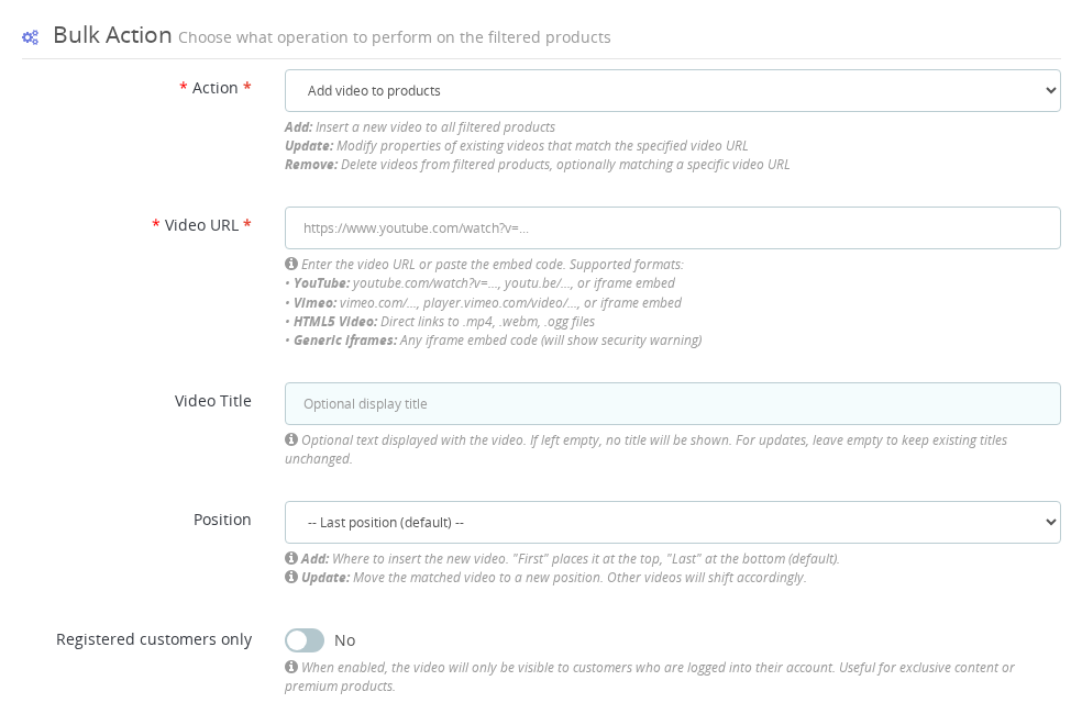 Product Video — Mass Video Management preview step showing affected products before execution