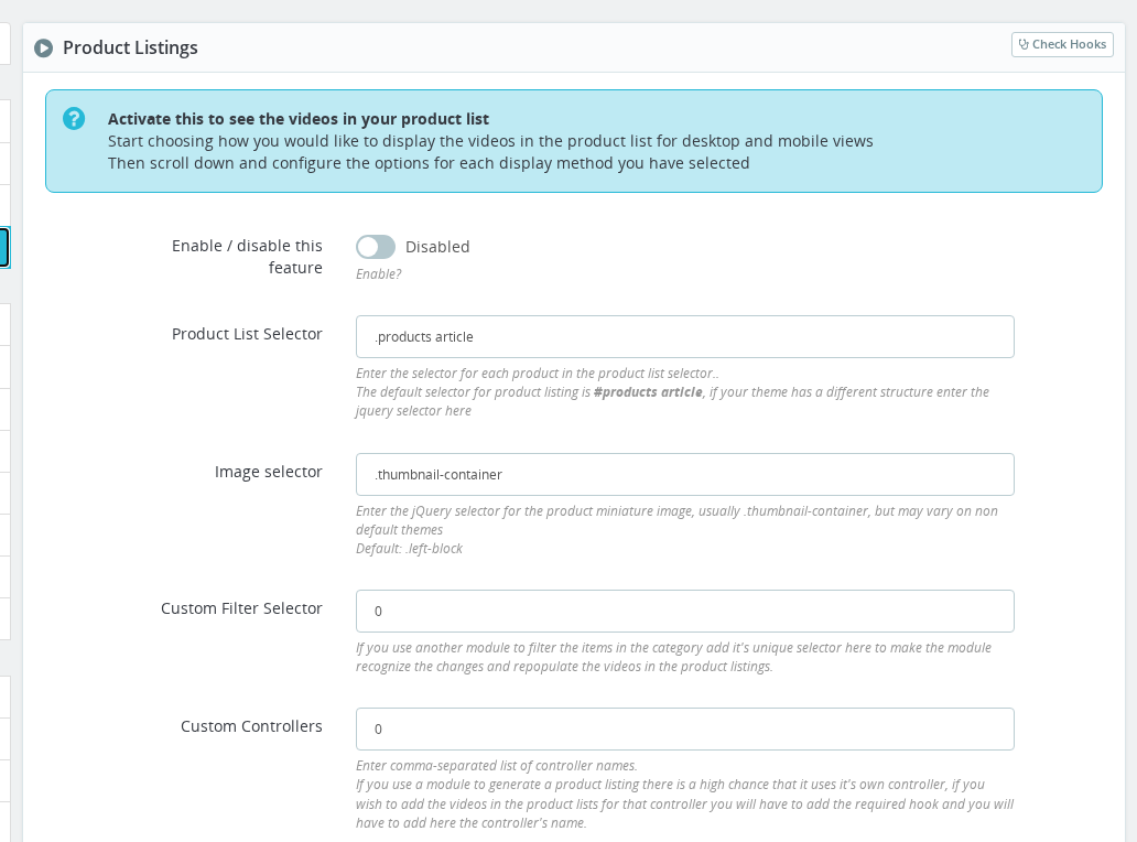 Product Listings configuration panel in the Back Office showing desktop and mobile display mode dropdowns