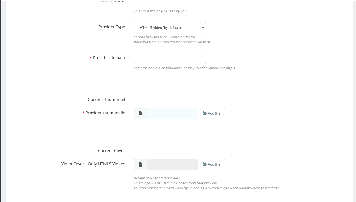 Product Video — Video providers configuration panel with YouTube, Vimeo, HTML5, and iFrame options