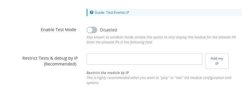 Pixel Plus — Test Mode configuration section with CAPI test event code field