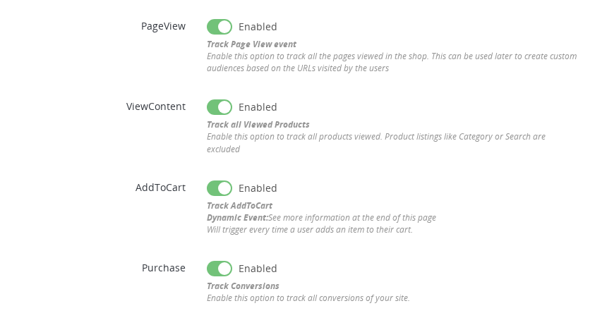 Pixel Plus — Trackable Events configuration panel showing PageView, ViewContent, and AddToCart toggles