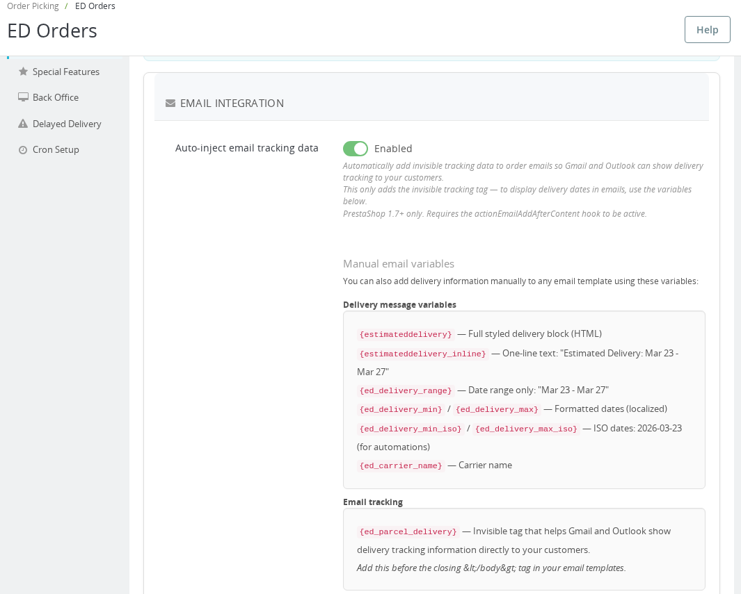 Le panneau des variables e-mail manuelles affichant toutes les variables de message de livraison disponibles et la variable de suivi e-mail