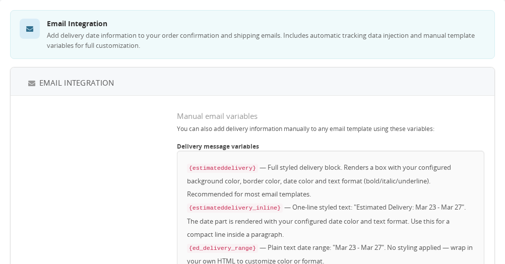 La sezione Email e Fatture che mostra il toggle Integrazione Ordini e il pannello impostazioni Integrazione Email
