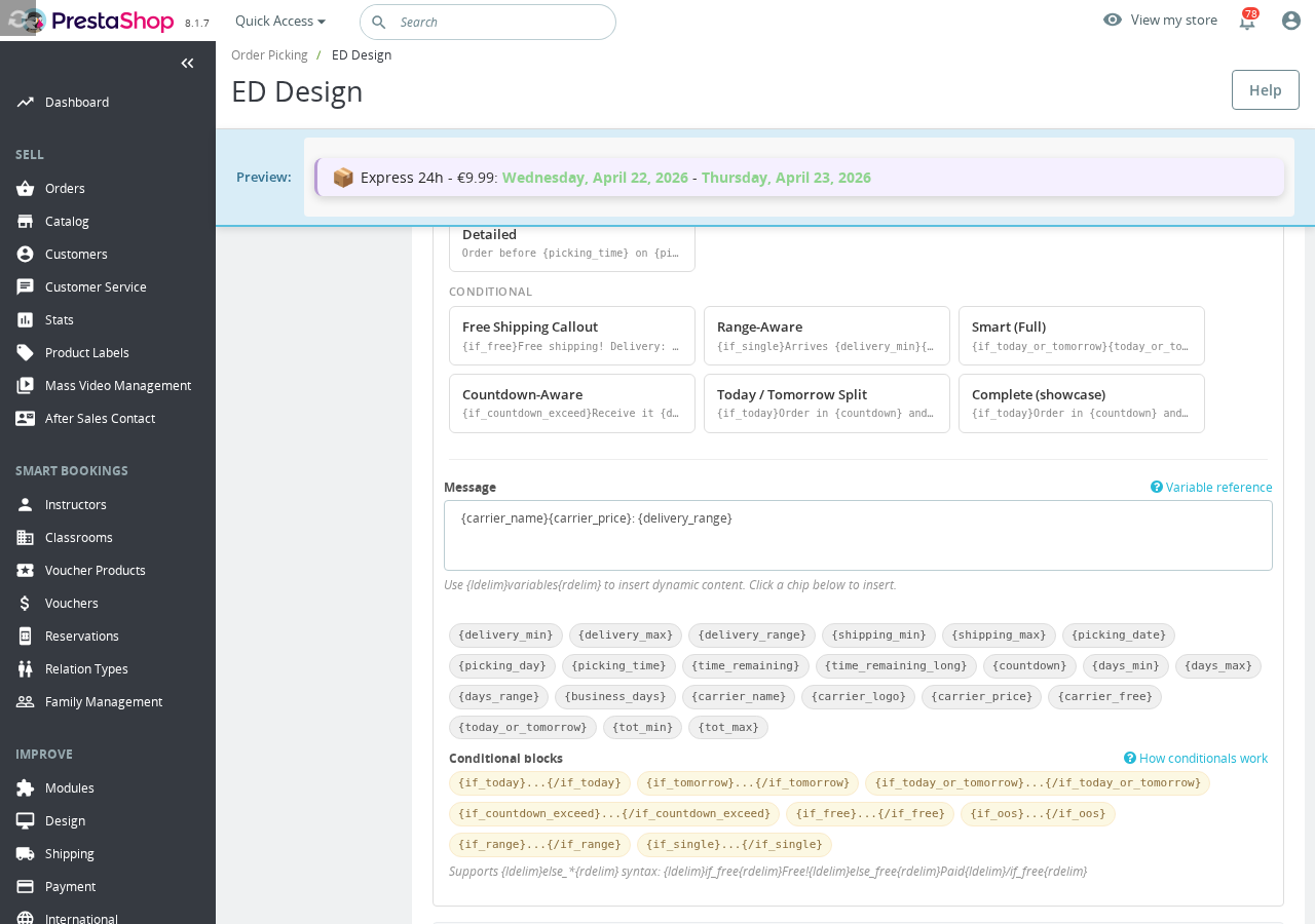 L'editor Messaggio Personalizzato che mostra un'anteprima live, il pannello dei chip variabili e il riferimento ai blocchi condizionali