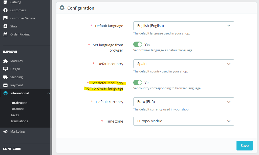Imposta il paese predefinito dalla lingua del browser